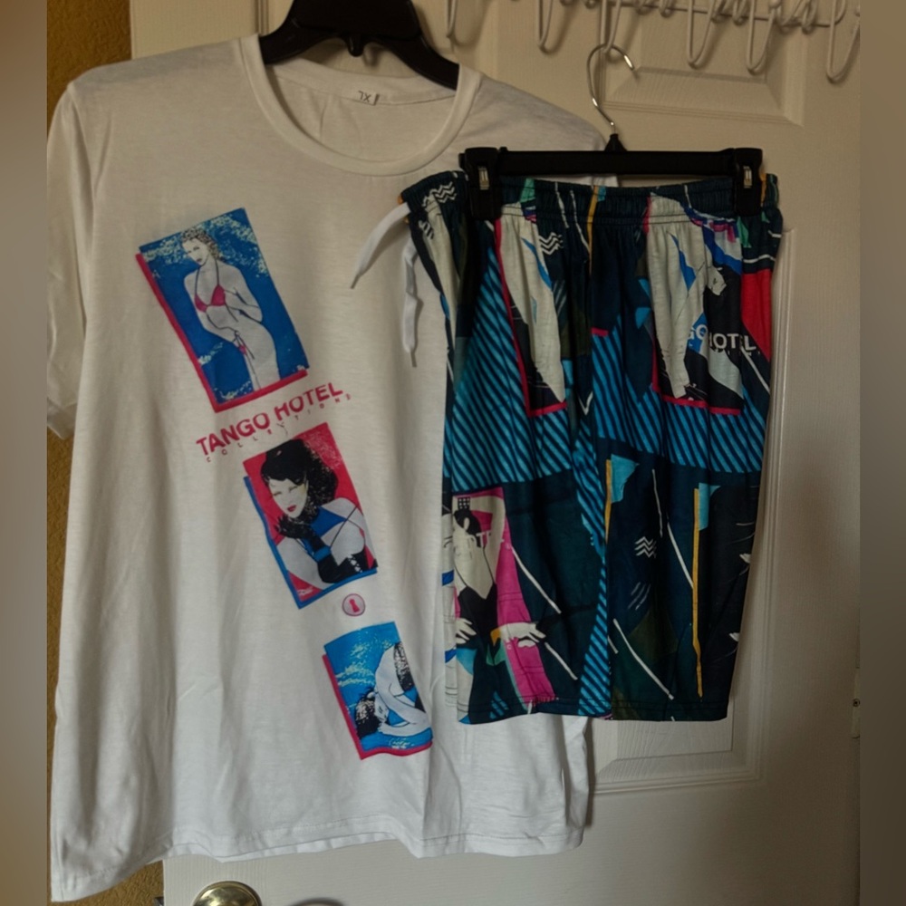 Men’s White Graphic Short Set Tee with Teal Black Pink Patterned Shorts
